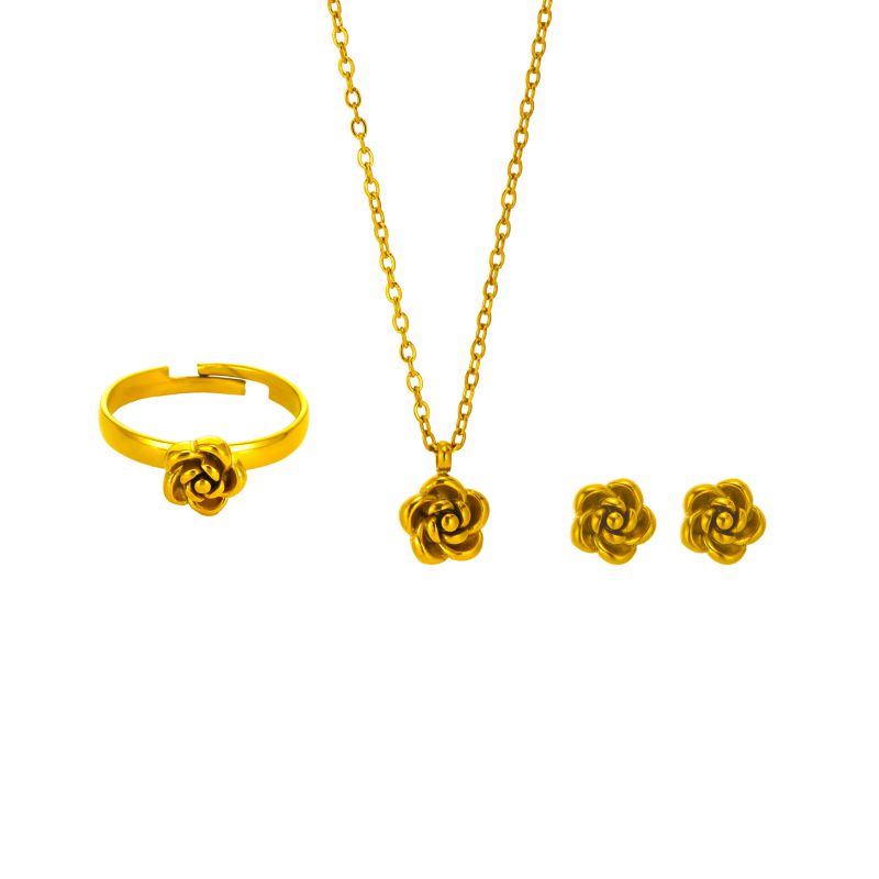 Conjunto De Collar Pulsera Pendientes Y Anillo De Rosa De Acero De Titanio