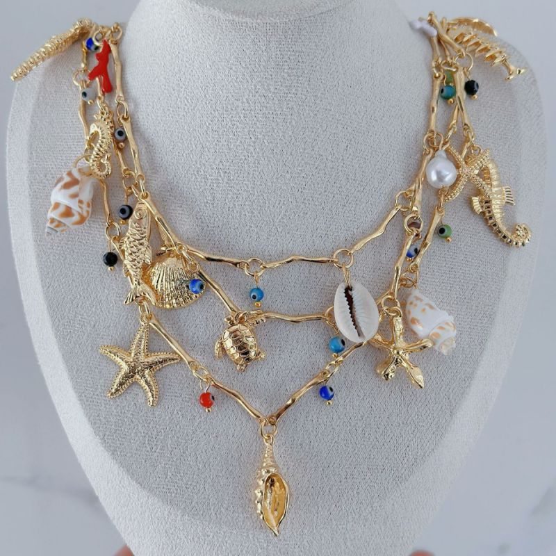 Estrella De Mar Multicapa Caballito De Mar Caracola Caparazón De Tortuga Collar De Perlas