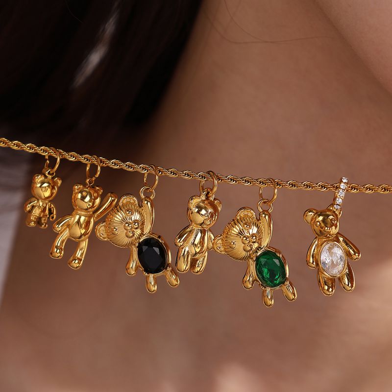 Gold-tone Pendant With White Glass Stone Stainless Steel Bear Pendant With Zirconium (without Chain)
