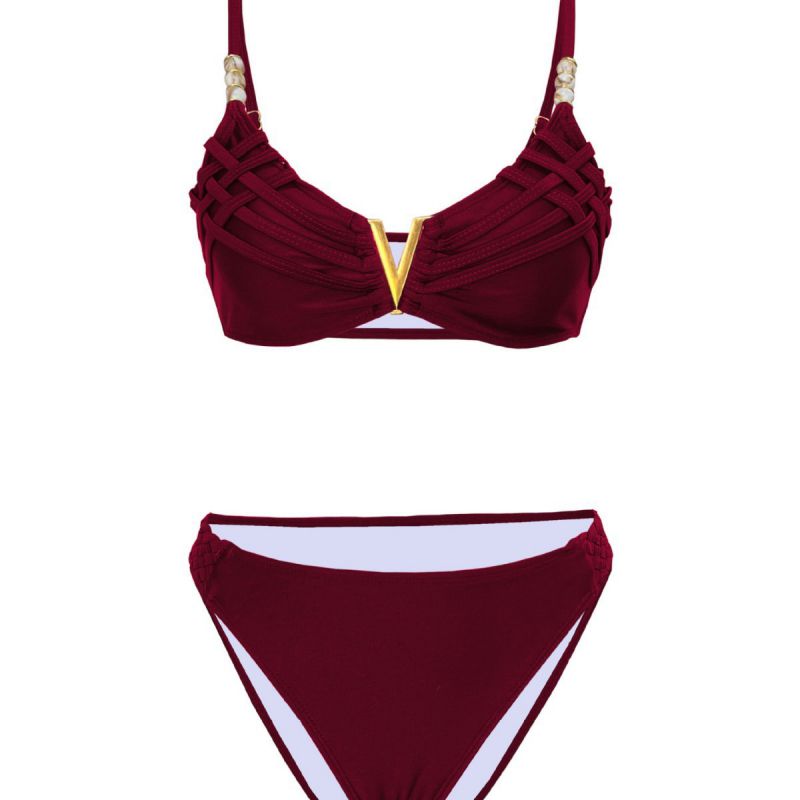 Red Polyester Woven Two-piece Swimsuit
