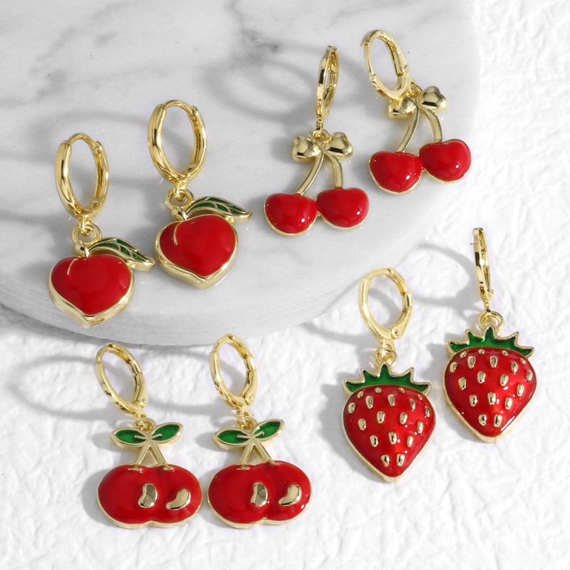 Pendientes De Aro De Cobre Con Cereza Y Fresa