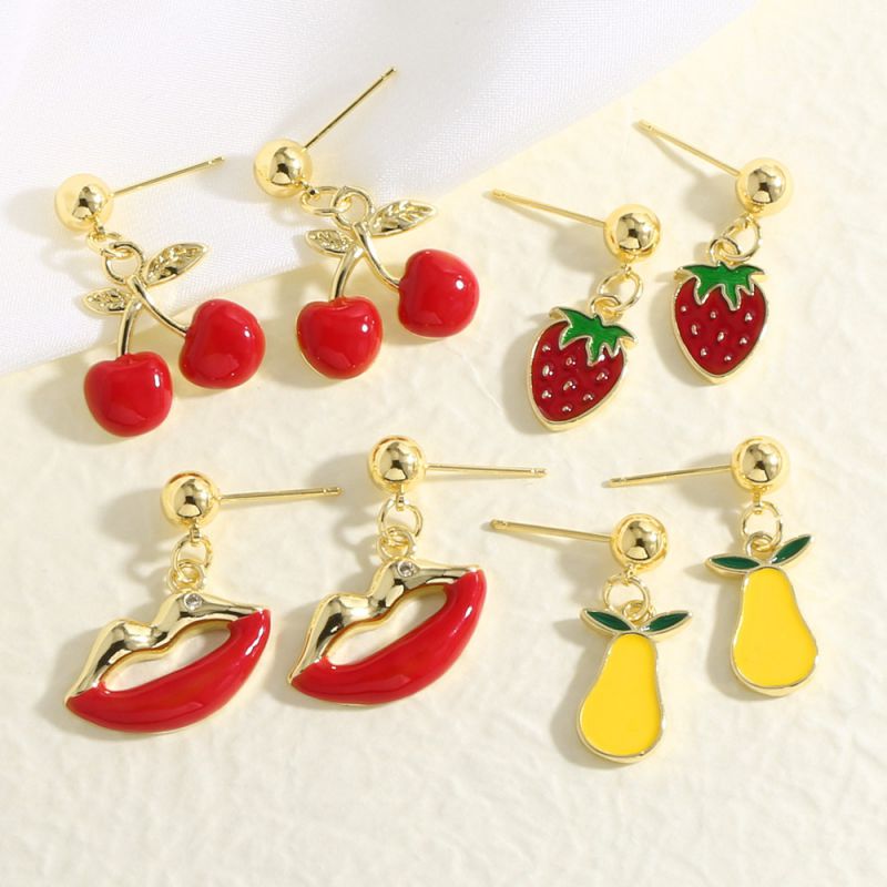 Pendientes De Aro Con Labios De Fresa Y Cereza De Cobre