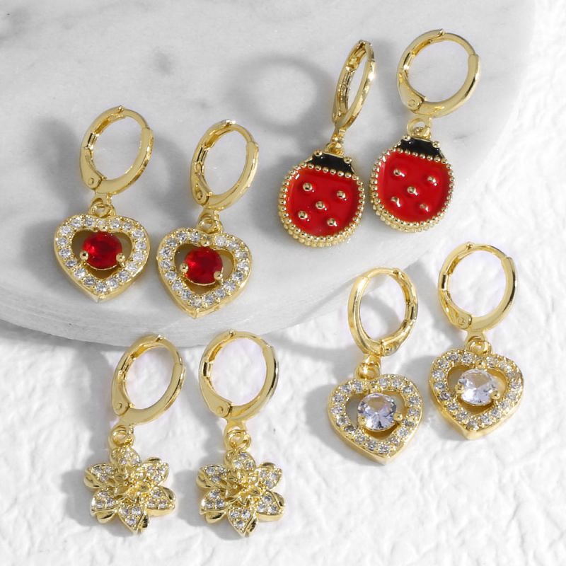 Pendientes De Cobre Con Forma De Corazón De Diamante Y Flor De Escarabajo