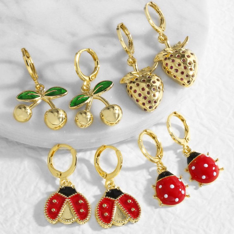 Pendientes De Escarabajo De Fresa Y Cereza De Cobre
