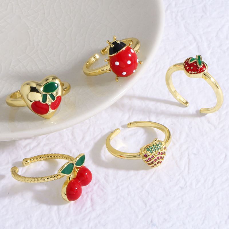 Anillo De Cereza Y Fresa Con Forma De Escarabajo De Gota De Aceite De Cobre