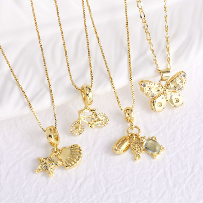Collar De Mariposa Tortuga Y Bicicleta Con Concha Bañada En Cobre Y Oro