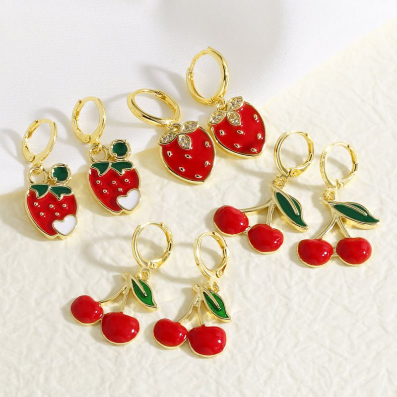 Pendientes De Aro De Cobre Con Fresa Y Cereza