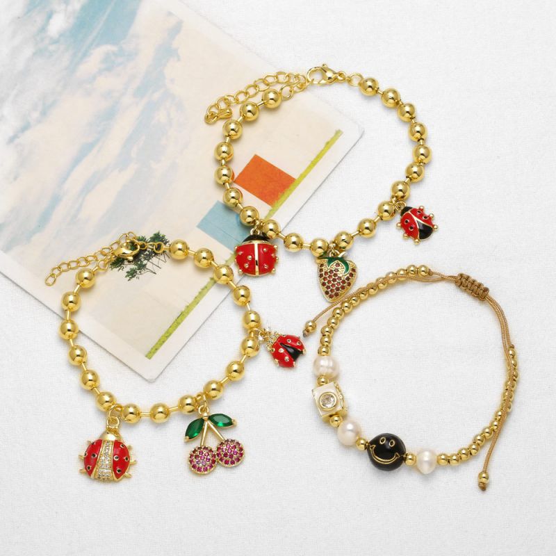 Pulsera De Escarabajo De Fresa Y Cereza De Cobre Bañada En Oro