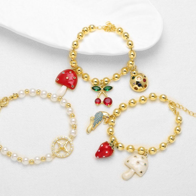 Pulsera De Oro Con Diamantes Cereza Seta Y Fresa Bañada En Cobre