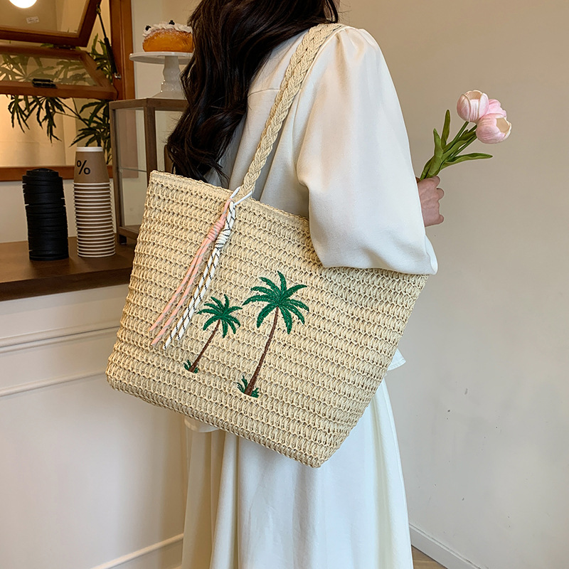 Khaki Large Straw Shoulder Bag