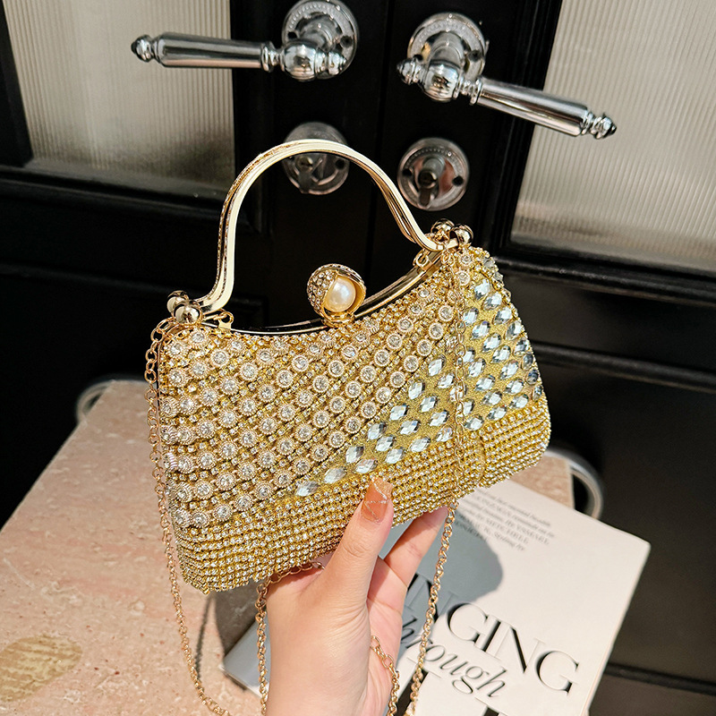 Gold Polyester Diamond Clip Crossbody Bag