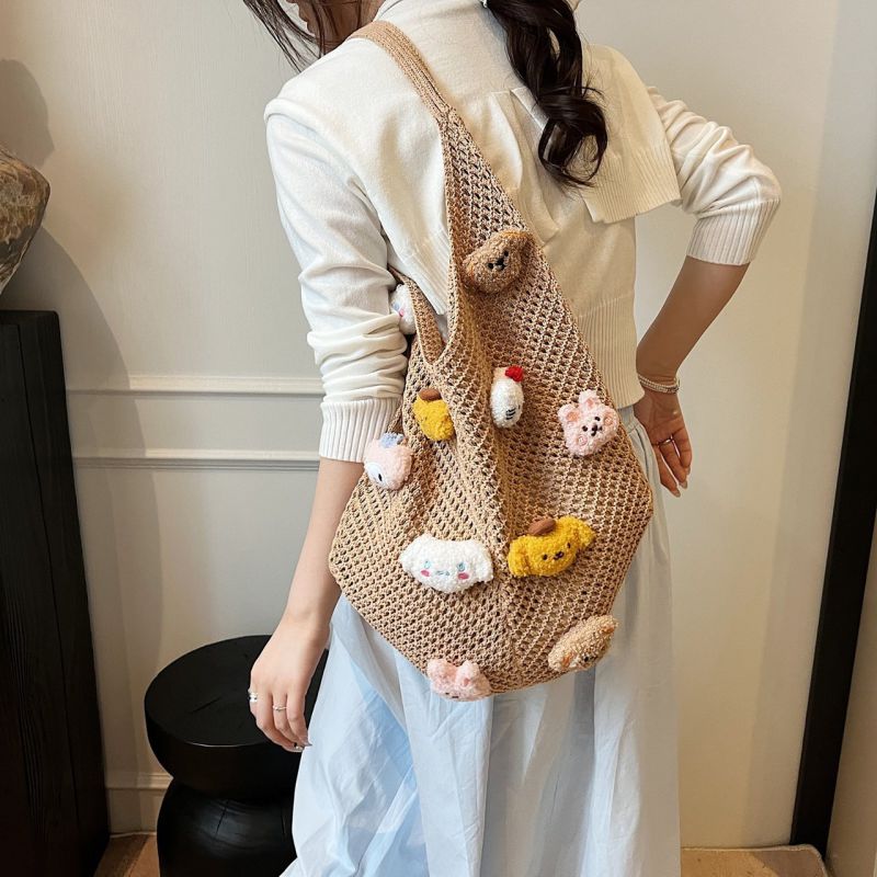 Khaki Cotton Woven 3d Cartoon Shoulder Bag