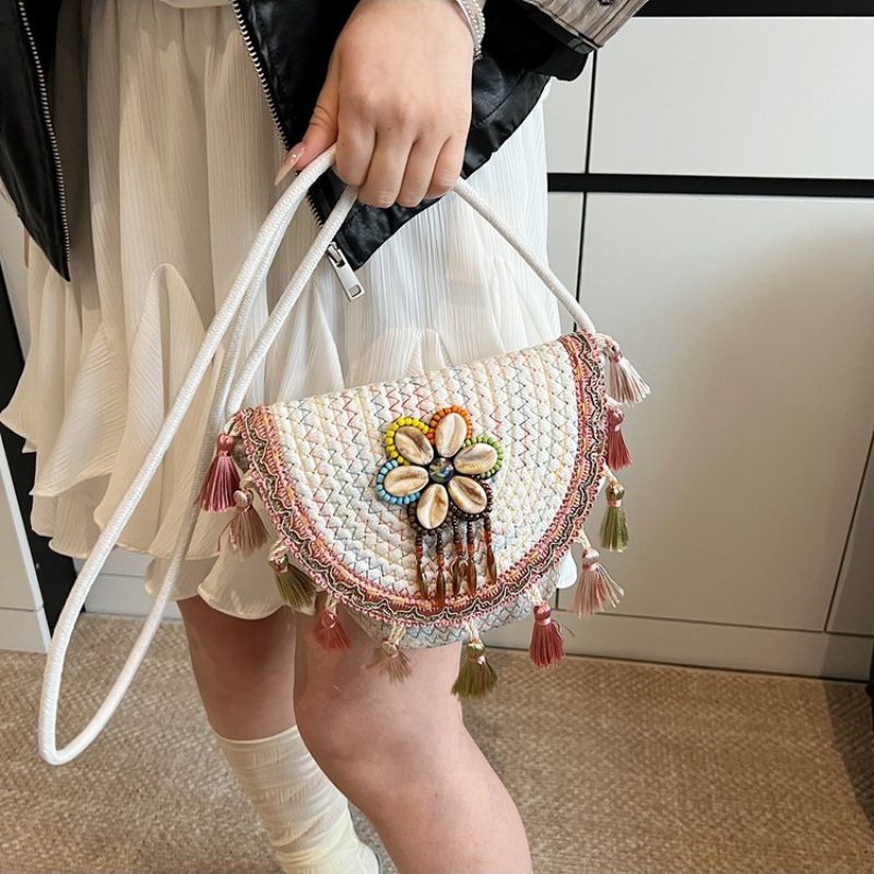 Khaki Cotton Woven Tassel Crossbody Bag