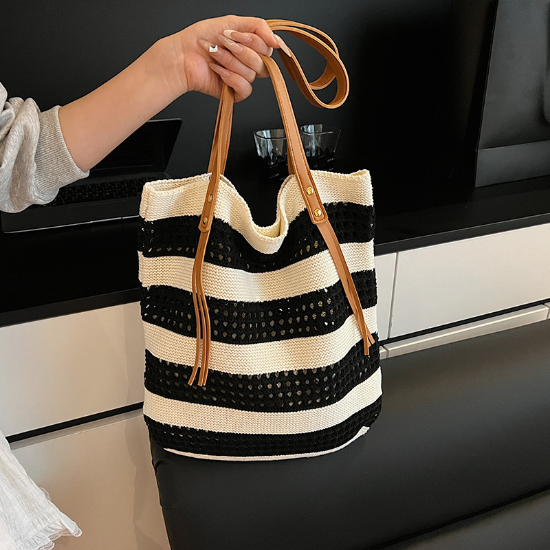 Yellow Contrast Stripe Knitted Shoulder Bag