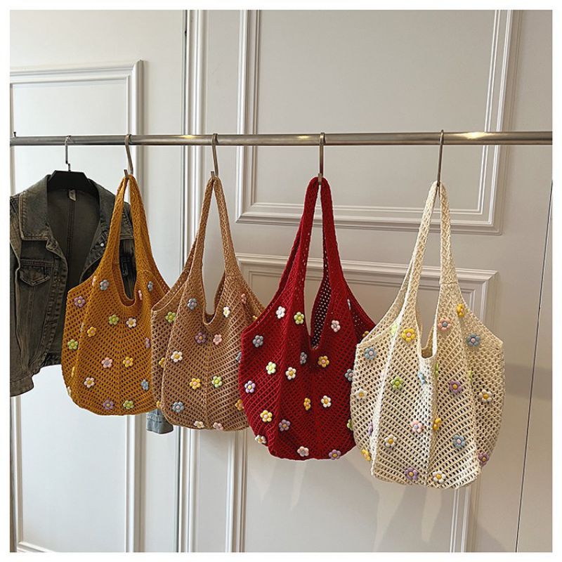 Khaki Flower Style Cotton Woven Shoulder Bag