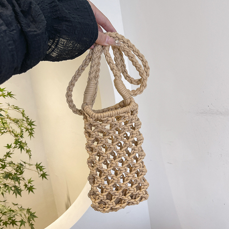 Khaki Cotton Hollow Woven Crossbody Bag