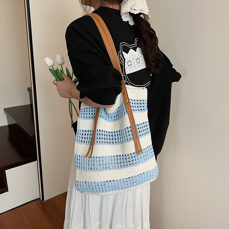 Khaki Cotton Striped Shoulder Bag
