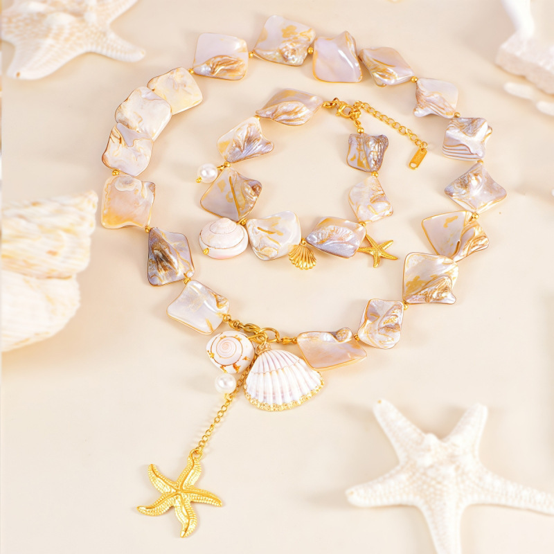 Conjunto De Collar Y Pulsera De Acero Inoxidable Con Estrellas De Mar