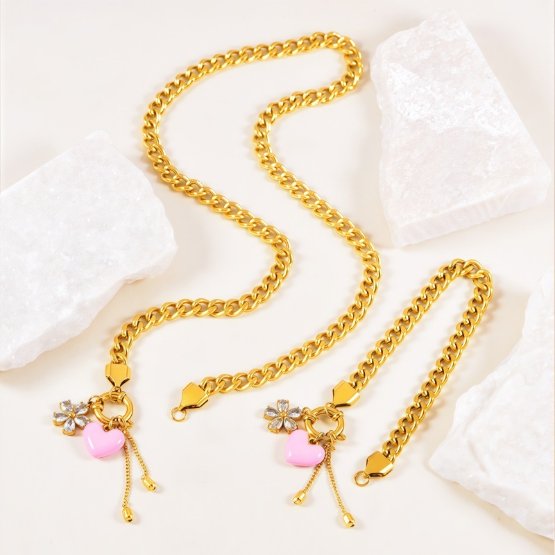 Conjunto De Collar Y Pulsera De Acero Inoxidable Con Corazón De Diamantes