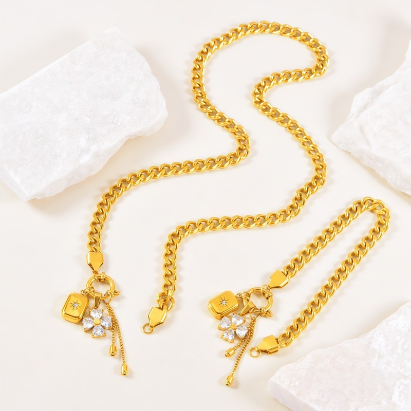 Conjunto De Collar Y Pulsera De Acero Inoxidable Con Flores De Diamantes