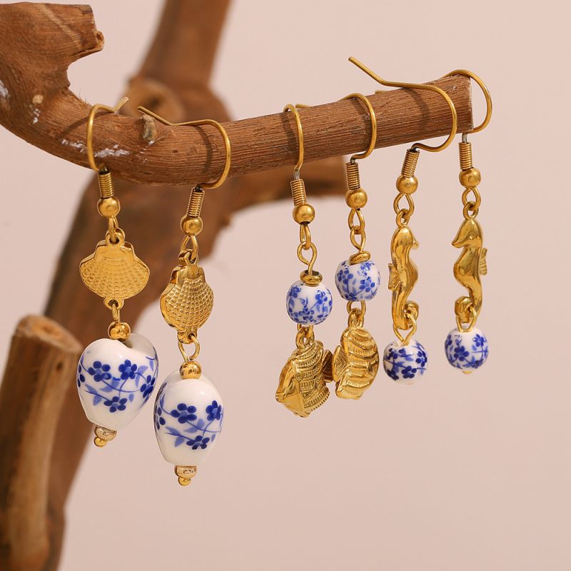 Juego De Pendientes De Concha Azul Y Blanca De Acero Inoxidable Bañados En Oro