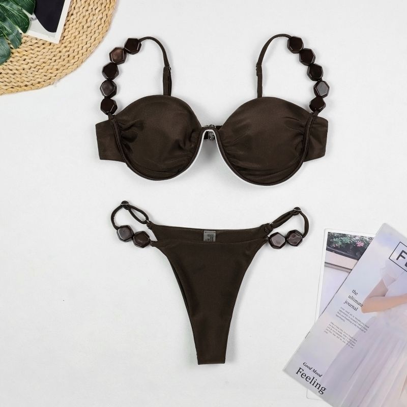 Brown Polyester Two Piece Swimsuit Bikini