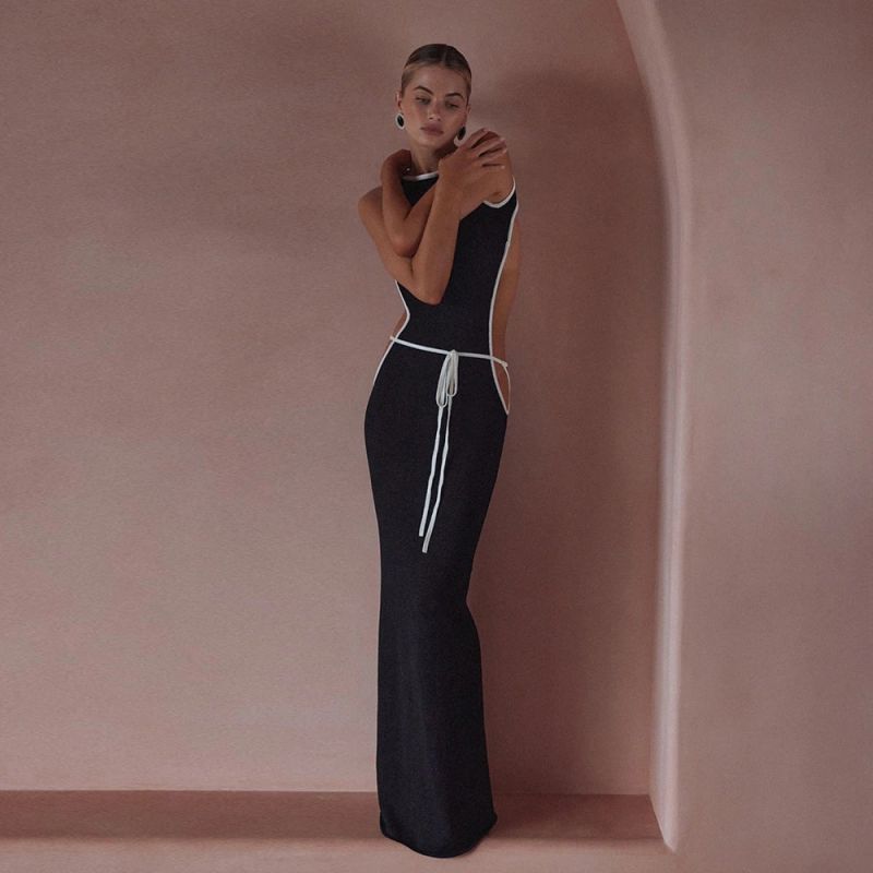 Black Skirt One-piece Swimsuit Nylon Lace-up Colorblock One-piece Swimsuit
