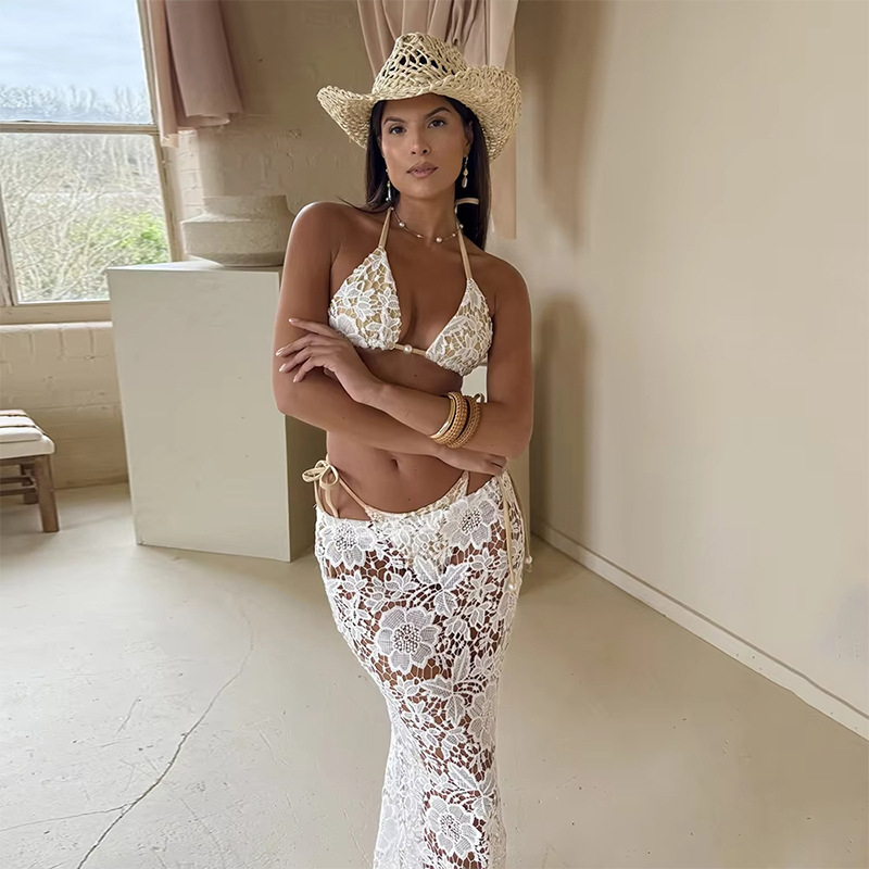 White Halterneck Lace Bikini Three Piece Swimsuit Nylon Halter Neck Lace Bikini Beach Dress Set