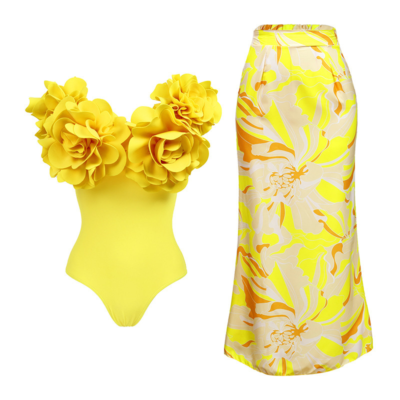 Yellow Suit Nylon 3d Flower One-piece Swimsuit Beach Dress Set