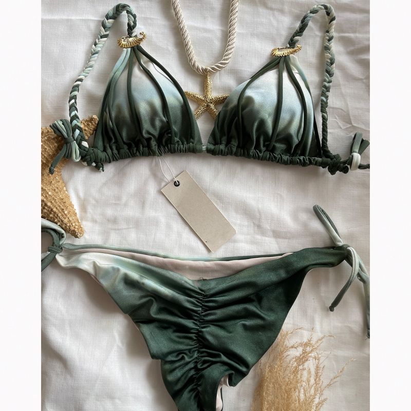 Dark Green Nylon Tie-dye Lace-up Two-piece Swimsuit Bikini