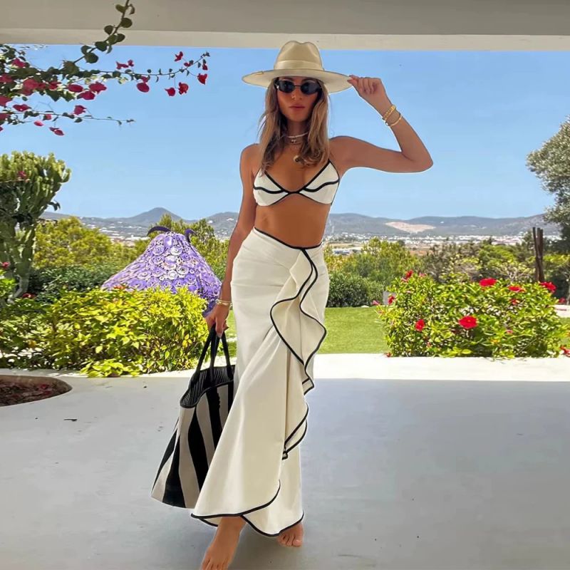 Black Bikini Three Piece Swimsuit Maxi Dress Nylon Colorblock Two-piece Swimsuit Beach Dress Set