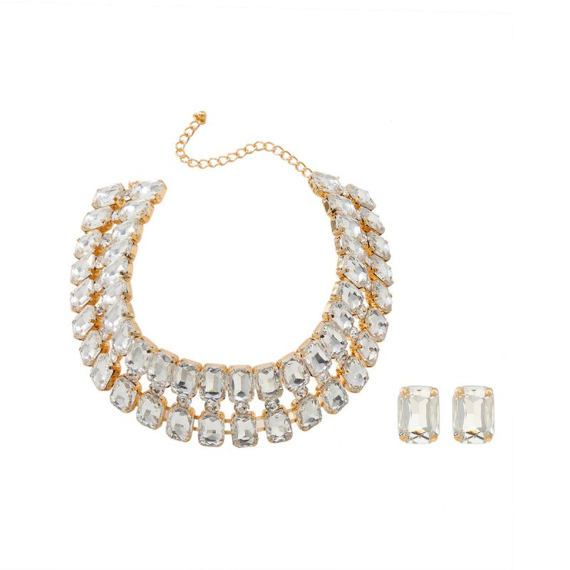 Conjunto De Collar Y Pendientes Con Diamantes De Imitación Cuadrados De Aleación