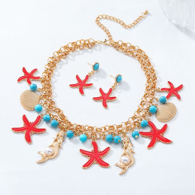 Conjunto De Collar Y Pendientes Con Colgante De Concha De Estrella De Mar De Aleación