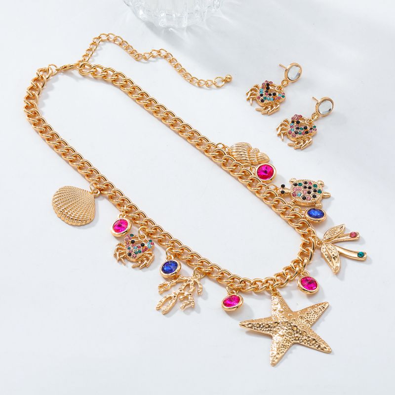 Conjunto De Collar Y Pendientes Con Colgante Geométrico De Tortuga Y Estrella De Mar De Aleación