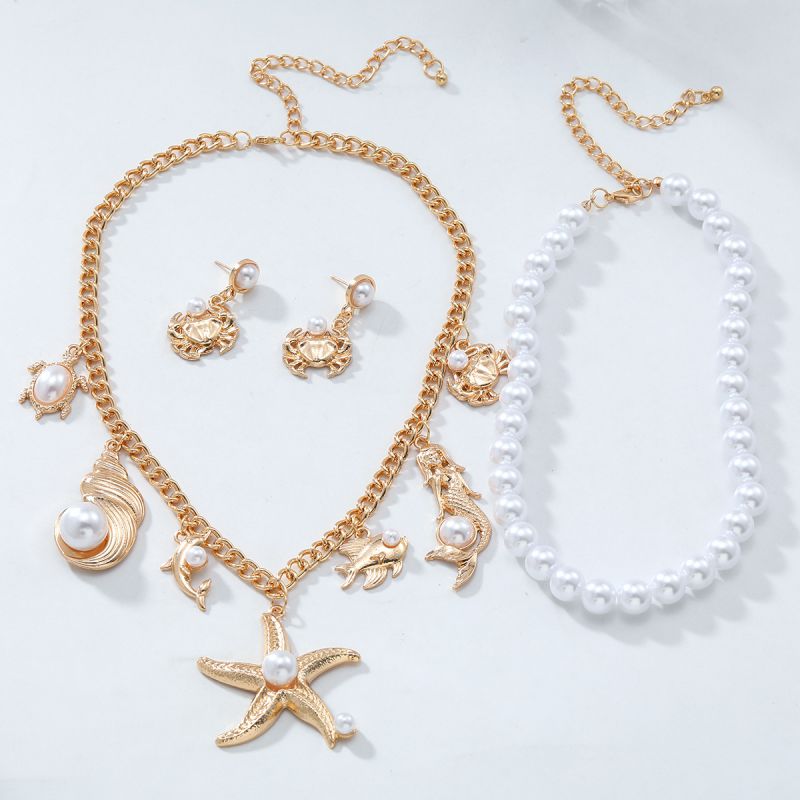 Conjunto De Collar Y Pendientes De Doble Capa Con Cuentas De Perlas De Aleación Y Estrella De Mar