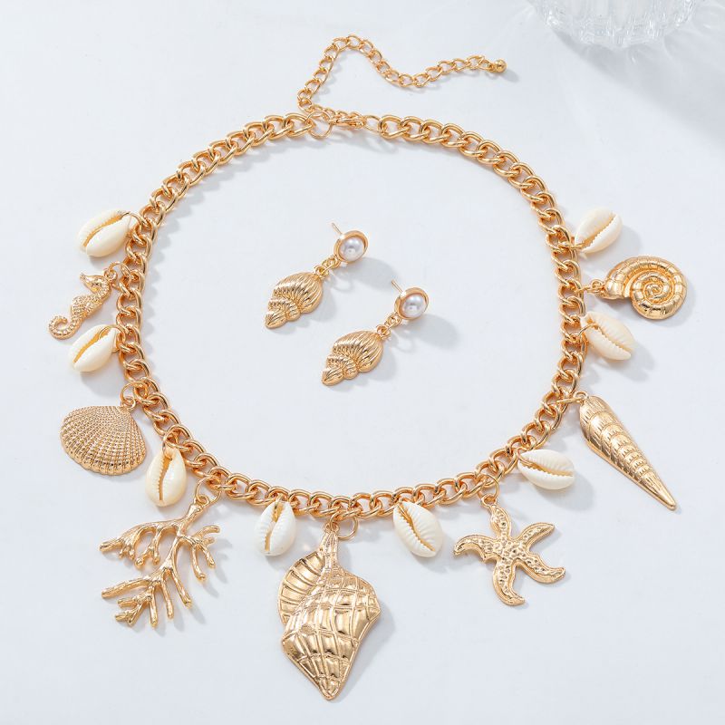 Conjunto De Collar Y Pendientes Con Forma De Estrella De Mar Perla De Imitación Y Concha De Aleación