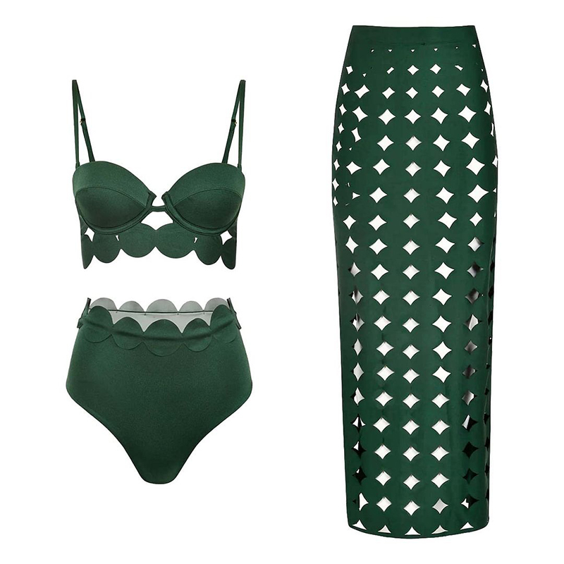 Green Swimsuit Nylon Irregular High Waist Two-piece Swimsuit
