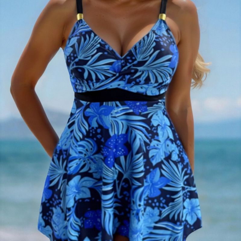 Blue Polyester Printed Two-piece Swimsuit