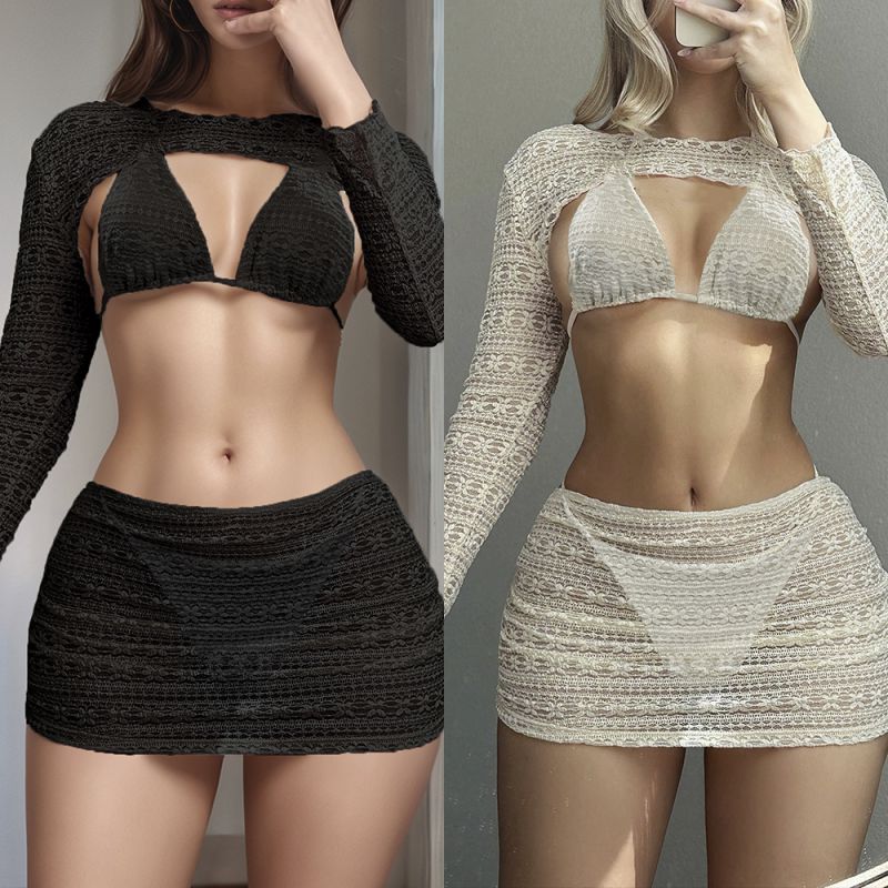 Black Polyester Halter Neck Two Piece Swim Bikini Cover Up Beach Dress Set