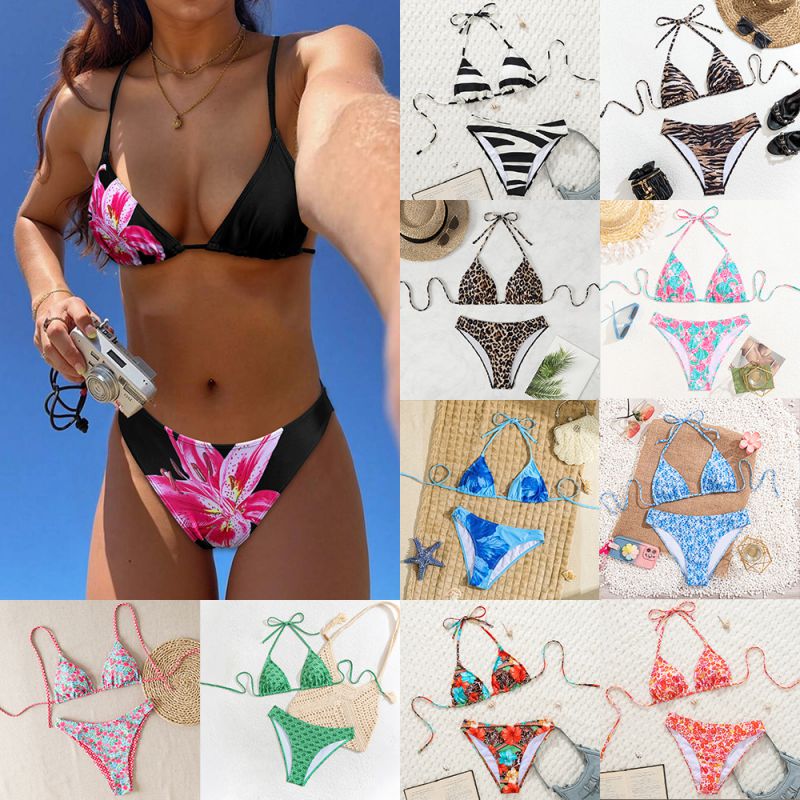 19# Polyester Printed Halter Neck Tie Two-piece Swimsuit Bikini