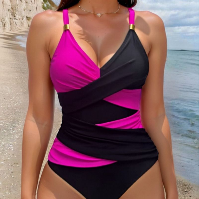 Rose Red Nylon Colorblock One-piece Swimsuit