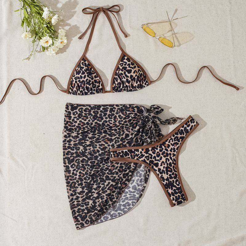 Leopard Leopard Print Halter Neck Tie Two-piece Swimsuit Bikini Beach Dress Set