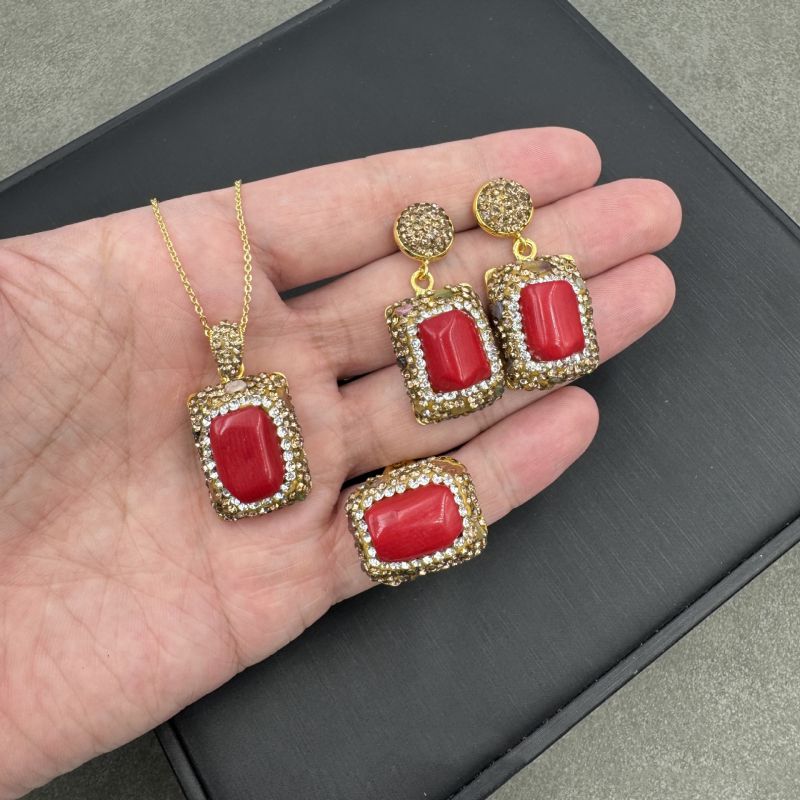 Conjunto De Collar Pendientes Y Anillo De Piedra Natural Cuadrada