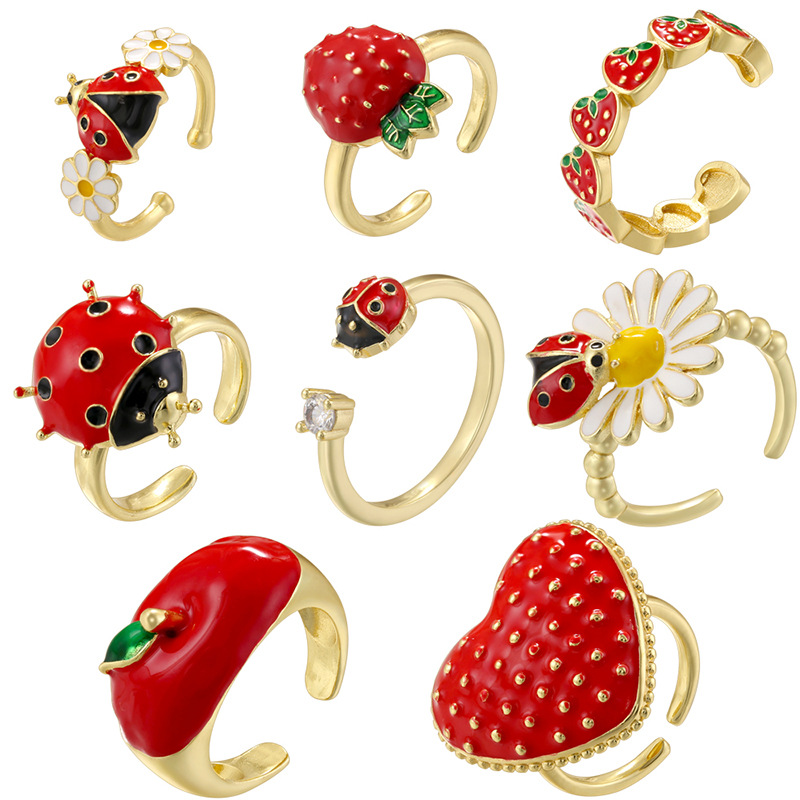 Anillo De Cobre Con Forma De Gota De Aceite Margarita Mariquita Corazón Manzana Y Fresa