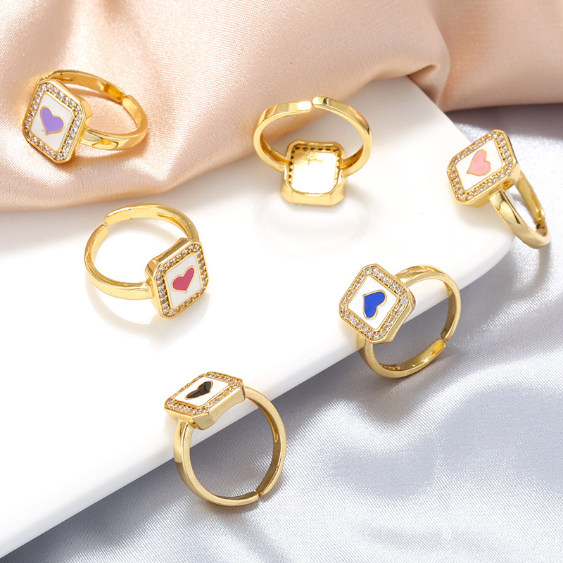 Anillo Cuadrado De Corazón De Diamante Con Gota De Aceite De Cobre