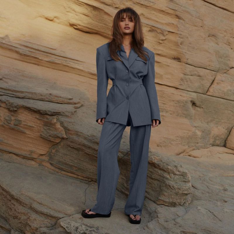 Conjunto De Chaqueta Y Pantalón De Traje Con Solapa Y Cintura