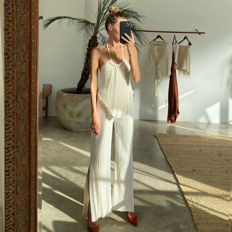 Conjunto De Pantalones Halter Plisados De Poliéster
