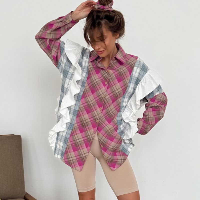 Camisa De Poliéster Con Volantes A Cuadros