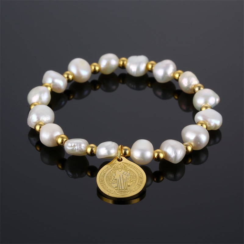 Pulsera Redonda De Acero De Titanio Con Cuentas De Perla