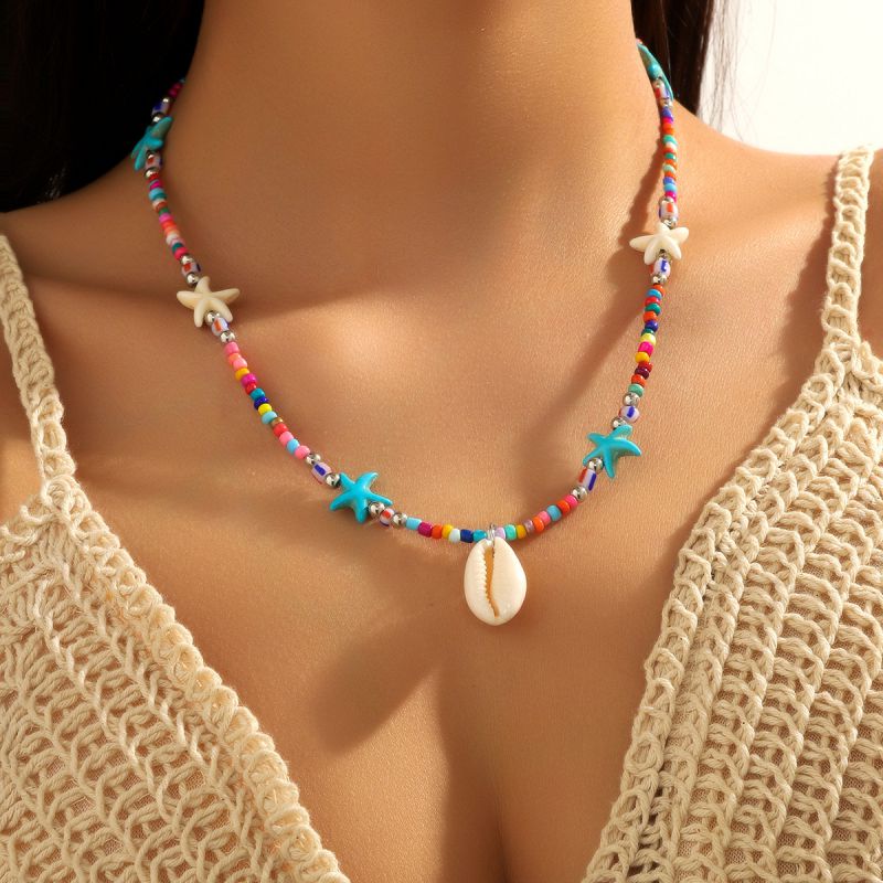 Collar Geométrico De Doble Capa Con Cuentas De Arroz Estrellas De Mar Y Conchas